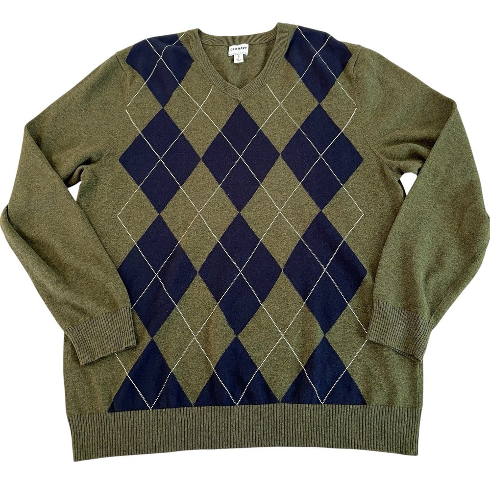 Old Navy Sweater Olive Green Navy Blue Men's Sz XL V- Neck